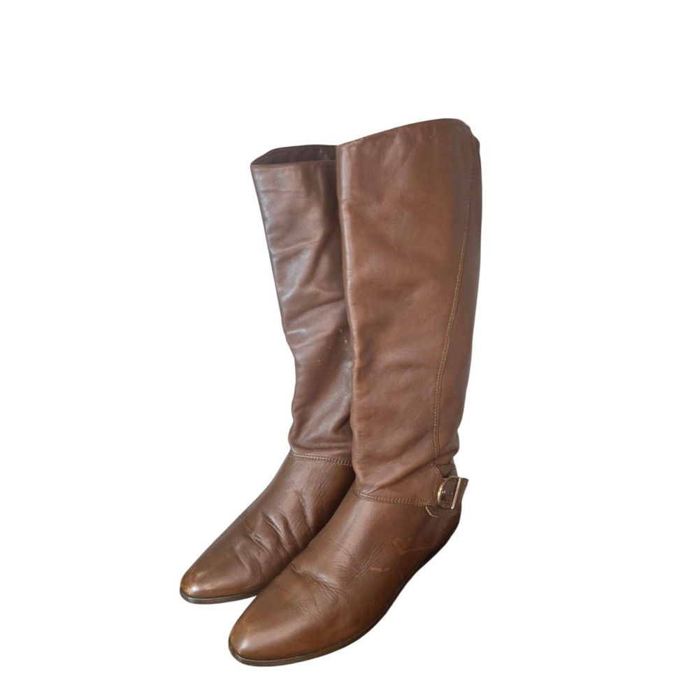 Womens Brown Leather Riding Boots Size 8 Knee High Equestrian Buckle Low Heel